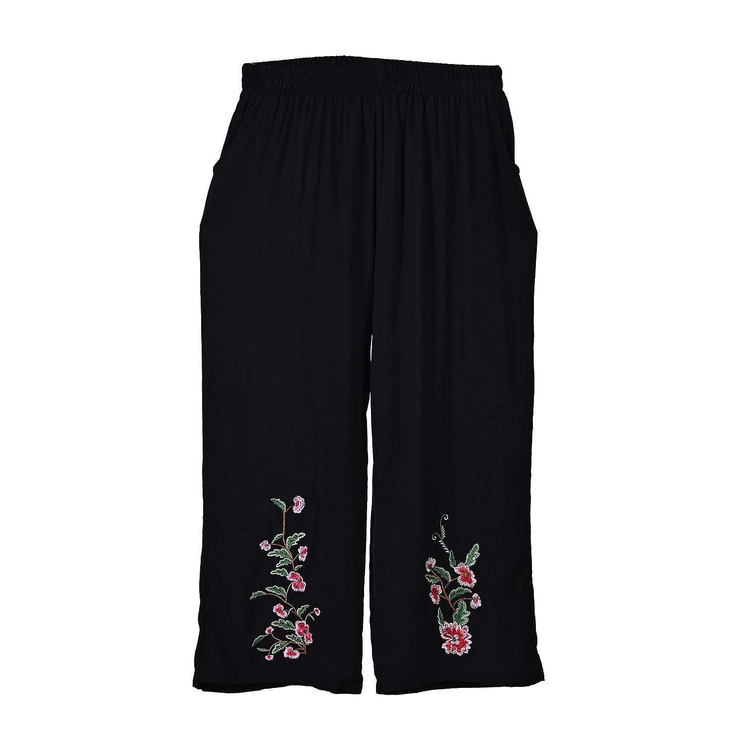 TAMSY Black Floral Embroidered Lounge Pant with Two Pockets – One Size Fits Most