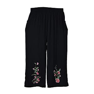 TAMSY Black Floral Embroidered Lounge Pant with Two Pockets &ndash; One Size Fits Most