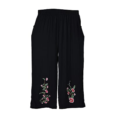 TAMSY Black Floral Embroidered Lounge Pant with Two Pockets – One Size Fits Most