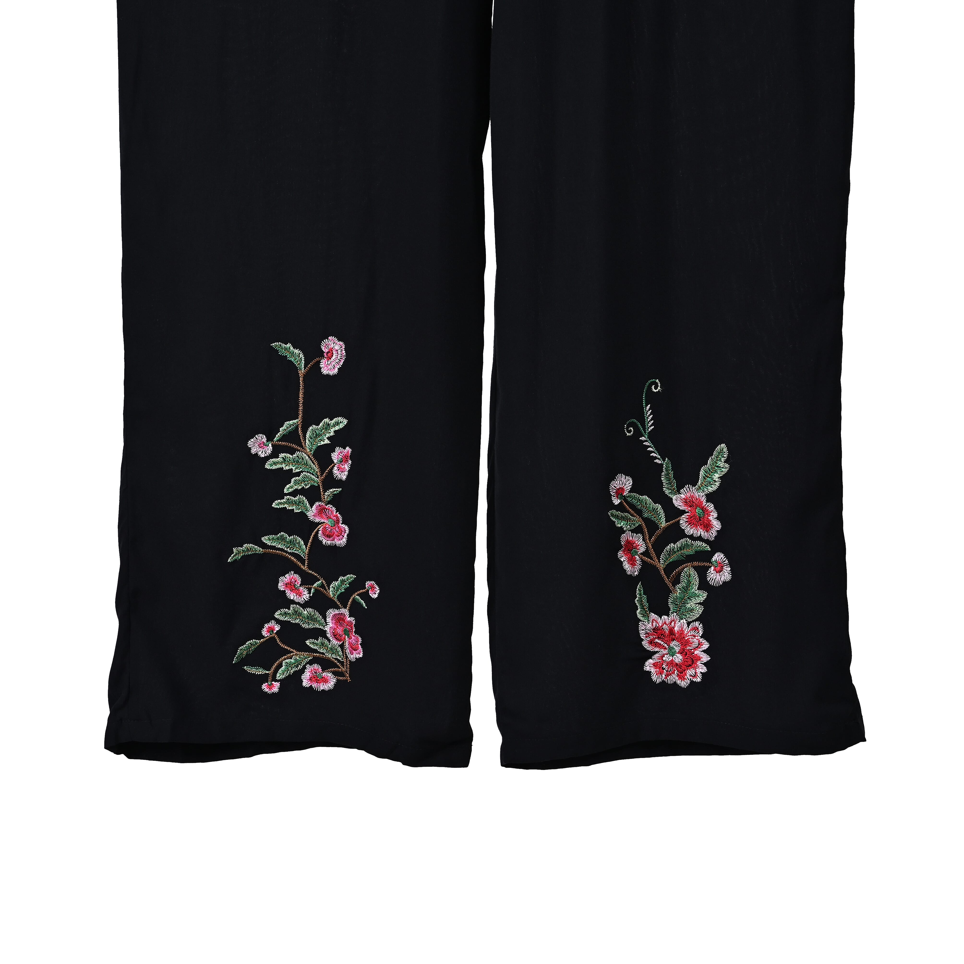 TAMSY Black Floral Embroidered Lounge Pant with Two Pockets – One Size Fits Most