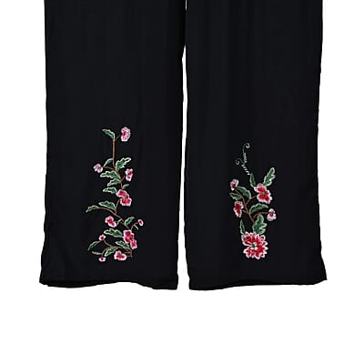 TAMSY Black Floral Embroidered Lounge Pant with Two Pockets – One Size Fits Most