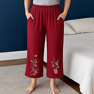 TAMSY Brick Red Floral Embroidered Lounge Pant with Two Pockets &ndash; One Size Fits Most
