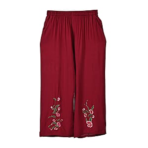 TAMSY Brick Red Floral Embroidered Lounge Pant with Two Pockets &ndash; One Size Fits Most