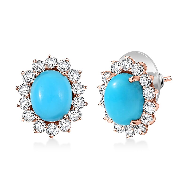 D'Joy Sleeping Beauty Turquoise, Moissanite 6.80 ctw Stud Earrings in 18K Vermeil Rose Gold Over Sterling Silver