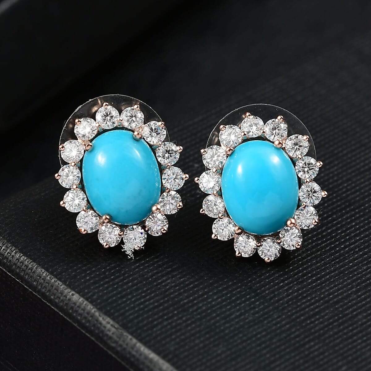 D’Joy Sleeping Beauty Turquoise, Moissanite 6.80 ctw Stud Earrings in 18K Vermeil Rose Gold Over Sterling Silver image number 1