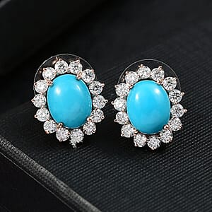 D'Joy Sleeping Beauty Turquoise, Moissanite 6.80 ctw Stud Earrings in 18K Vermeil Rose Gold Over Sterling Silver