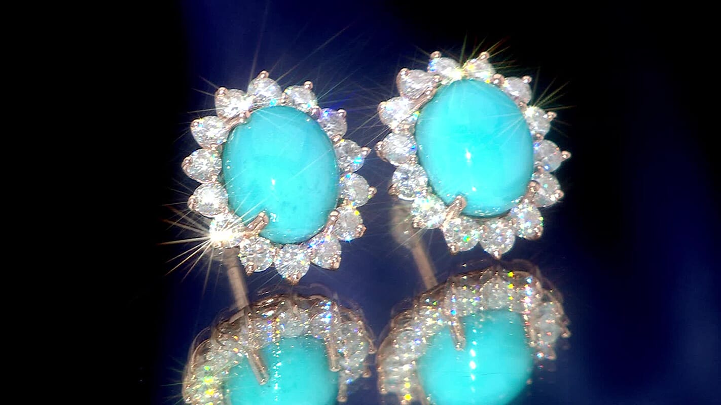D'Joy Sleeping Beauty Turquoise, Moissanite 6.80 ctw Stud Earrings in 18K Vermeil Rose Gold Over Sterling Silver