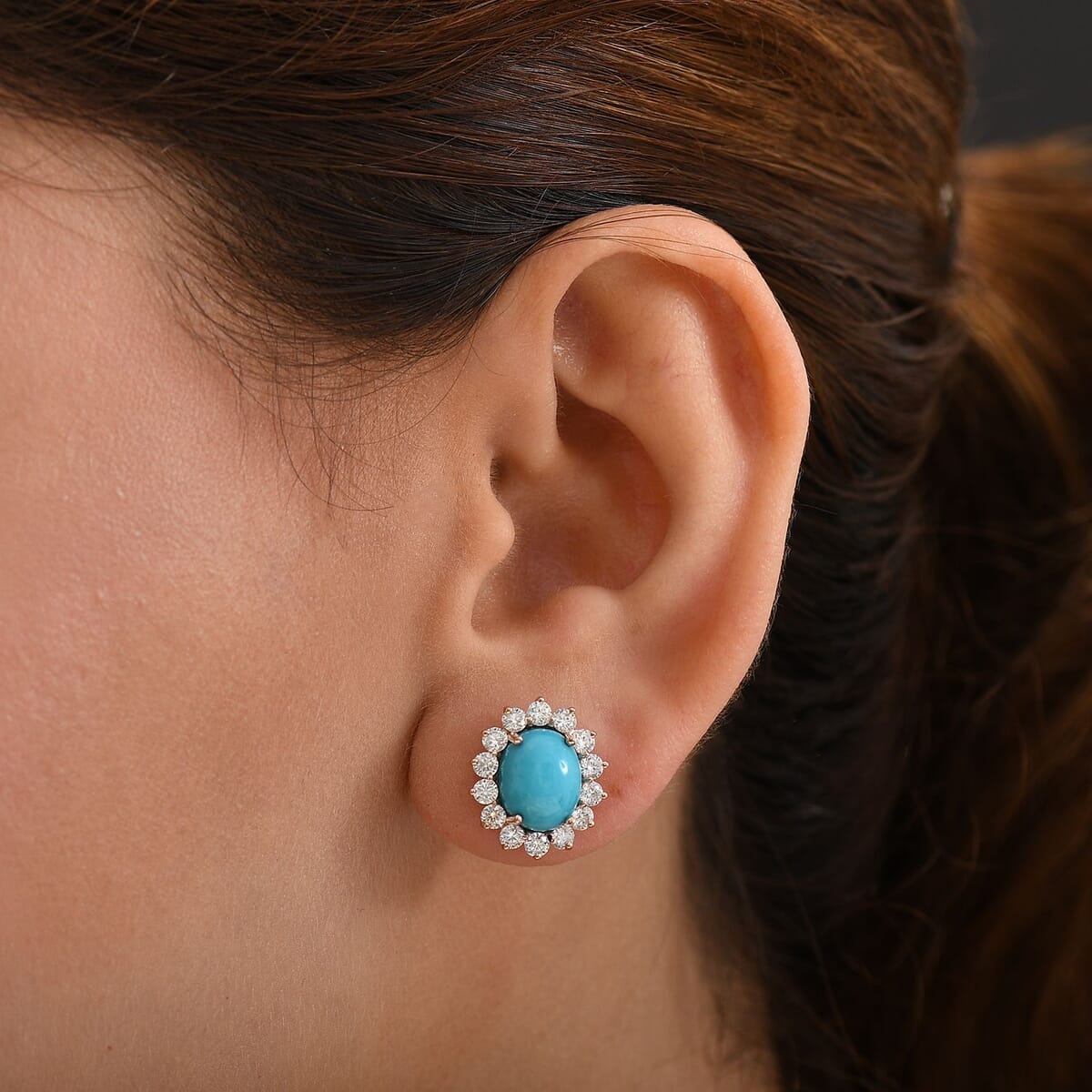 D’Joy Sleeping Beauty Turquoise, Moissanite 6.80 ctw Stud Earrings in 18K Vermeil Rose Gold Over Sterling Silver image number 2