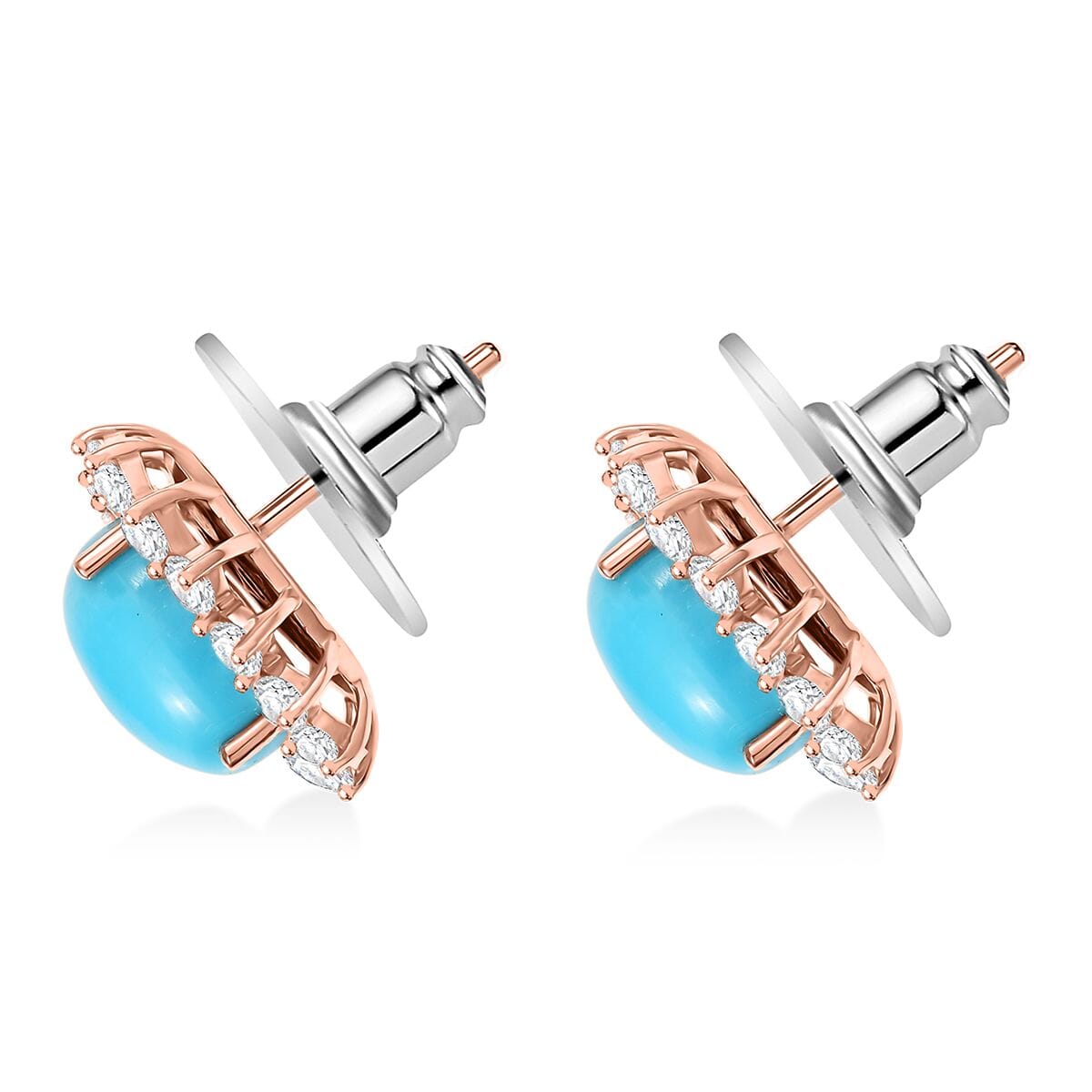 D’Joy Sleeping Beauty Turquoise, Moissanite 6.80 ctw Stud Earrings in 18K Vermeil Rose Gold Over Sterling Silver image number 3
