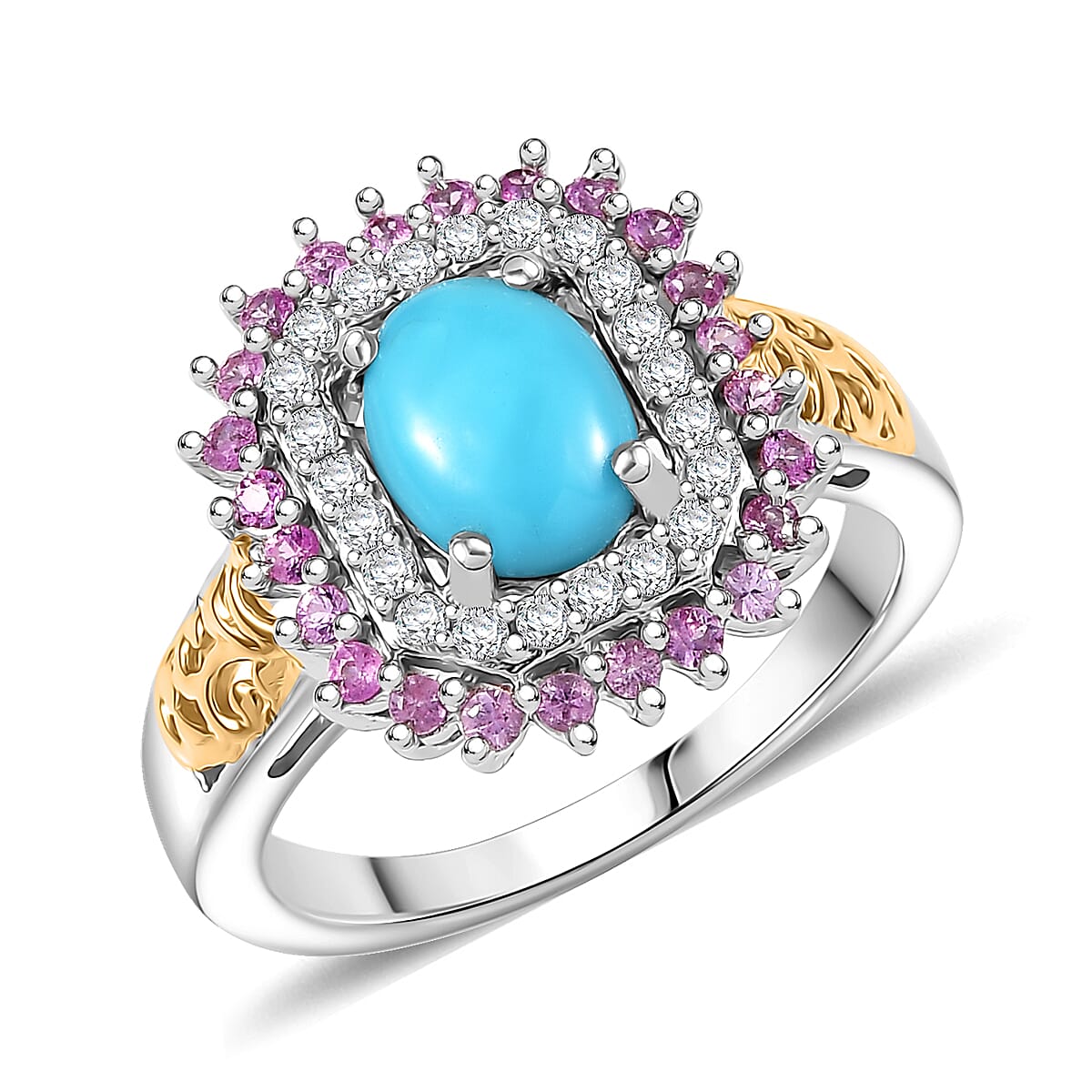 D'Joy Sleeping Beauty Turquoise and Multi Gemstone 1.75 ctw Sunburst Ring in 18K Vermeil YG and Rhodium Over Sterling Silver (Size 10.0) image number 0