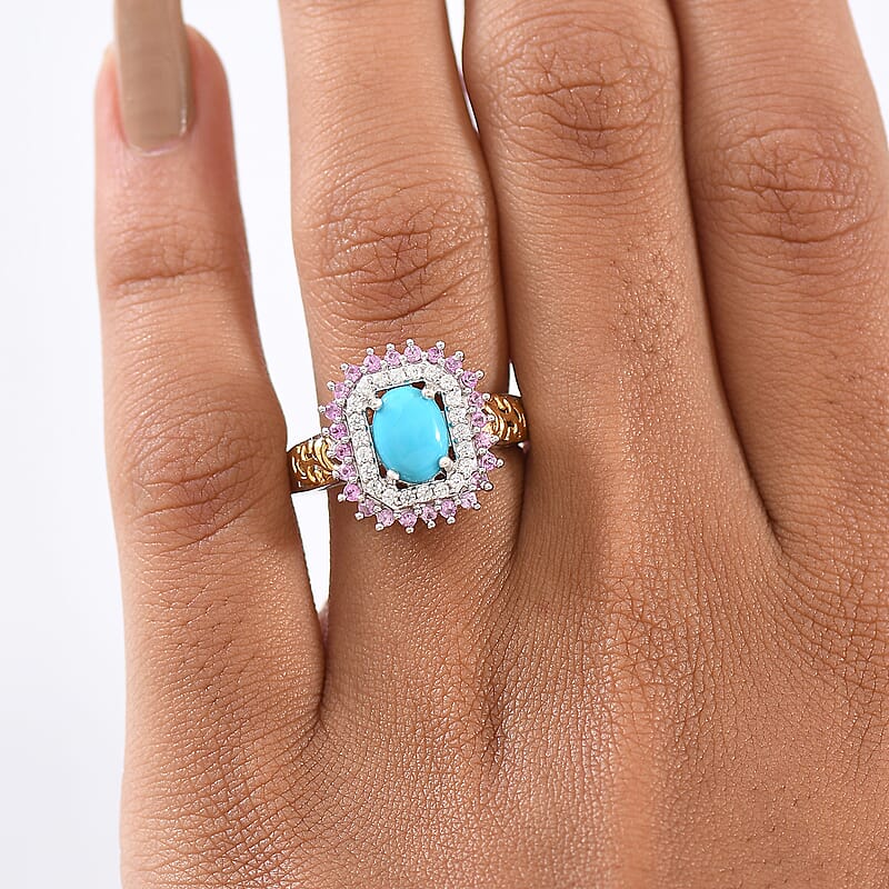 (Do Not Schedule For LS) D'Joy Sleeping Beauty Turquoise and Multi Gemstone 1.75 ctw Sunburst Ring in 18K Vermeil YG and Rhodium Over Sterling Silver (Size 5.0)