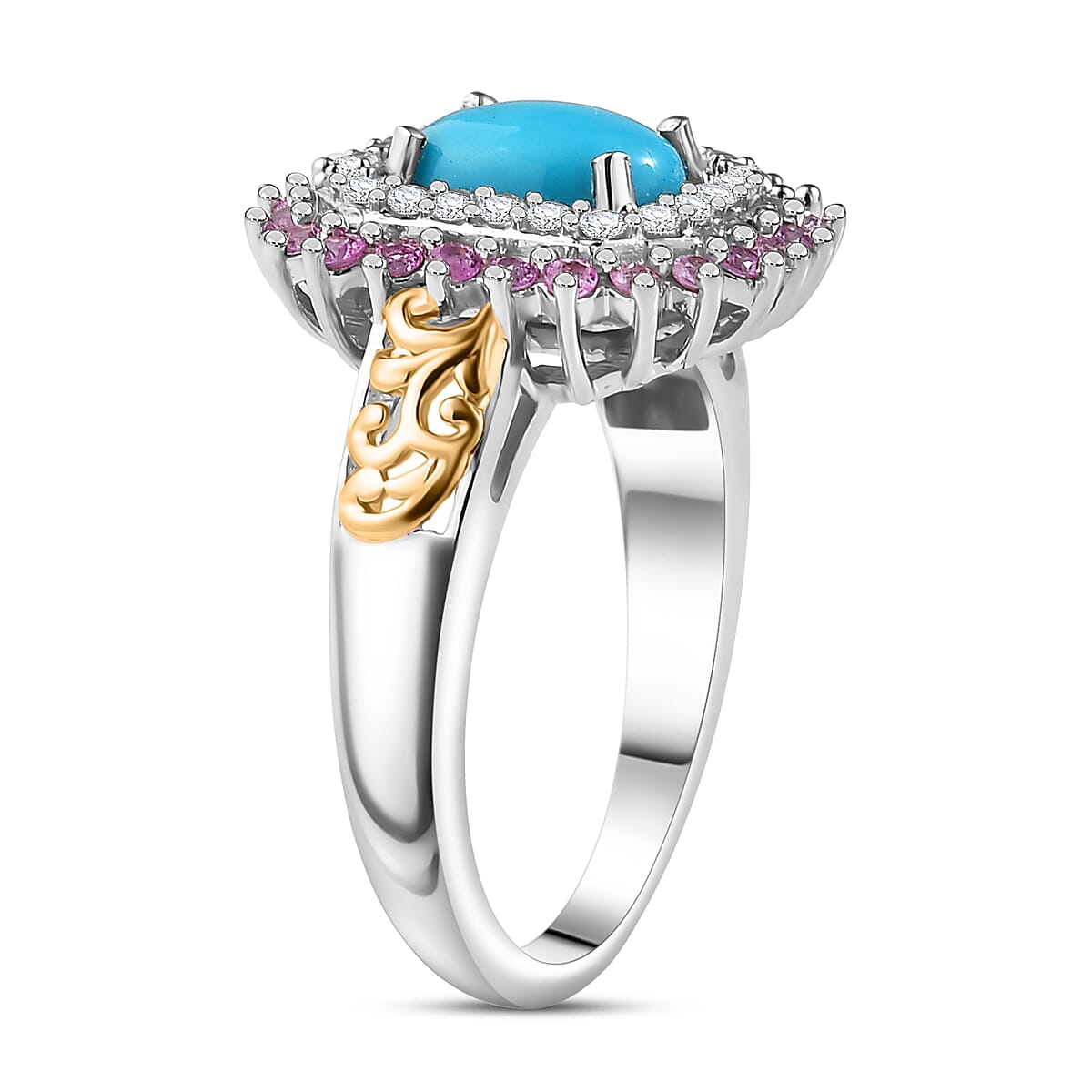 D'Joy Sleeping Beauty Turquoise and Multi Gemstone 1.75 ctw Sunburst Ring in 18K Vermeil YG and Rhodium Over Sterling Silver (Size 7.0) image number 3