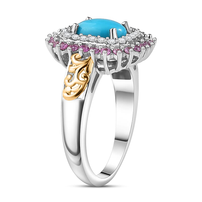 (Do Not Schedule For LS) D'Joy Sleeping Beauty Turquoise and Multi Gemstone 1.75 ctw Sunburst Ring in 18K Vermeil YG and Rhodium Over Sterling Silver (Size 7.0)