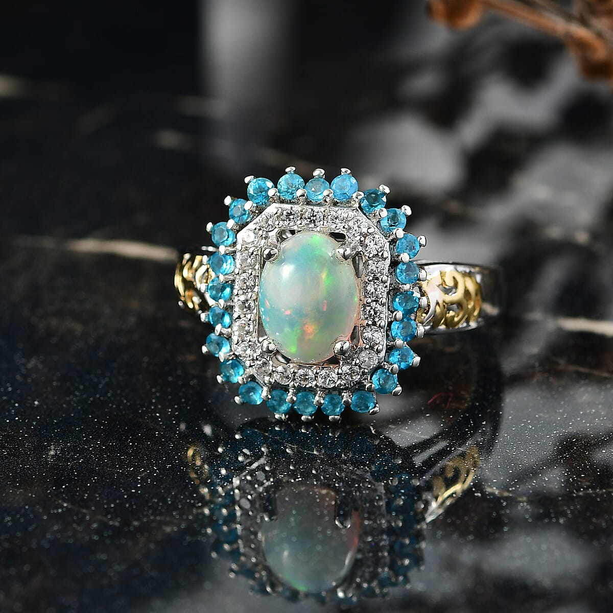 D'Joy Ethiopian Welo Opal and Multi Gemstone 1.55 ctw Sunburst Ring in 18K Vermeil YG and Rhodium Over Sterling Silver (Size 6.0) image number 1