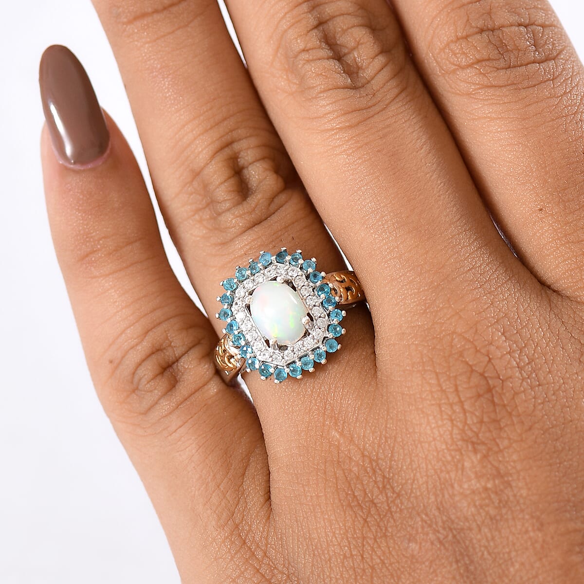 D'Joy Ethiopian Welo Opal and Multi Gemstone 1.55 ctw Sunburst Ring in 18K Vermeil YG and Rhodium Over Sterling Silver (Size 7.0) image number 2