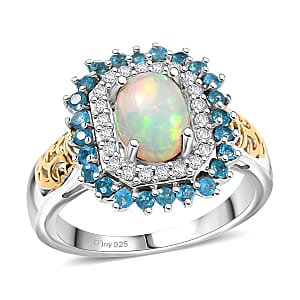 D'Joy Ethiopian Welo Opal and Multi Gemstone 1.55 ctw Sunburst Ring in 18K Vermeil YG and Rhodium Over Sterling Silver (Size 9.0)