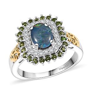 D'Joy Boulder Opal Triplet and Multi Gemstone 1.60 ctw Sunburst Ring in 18K Vermeil YG and Rhodium Over Sterling Silver (Size 10.0)