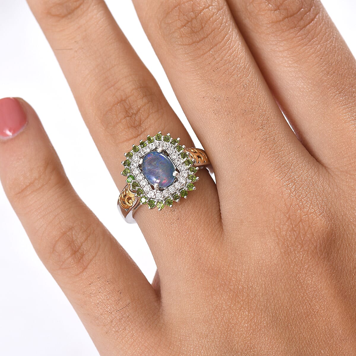 D'Joy Boulder Opal Triplet and Multi Gemstone 1.60 ctw Sunburst Ring in 18K Vermeil YG and Rhodium Over Sterling Silver (Size 10.0) image number 2