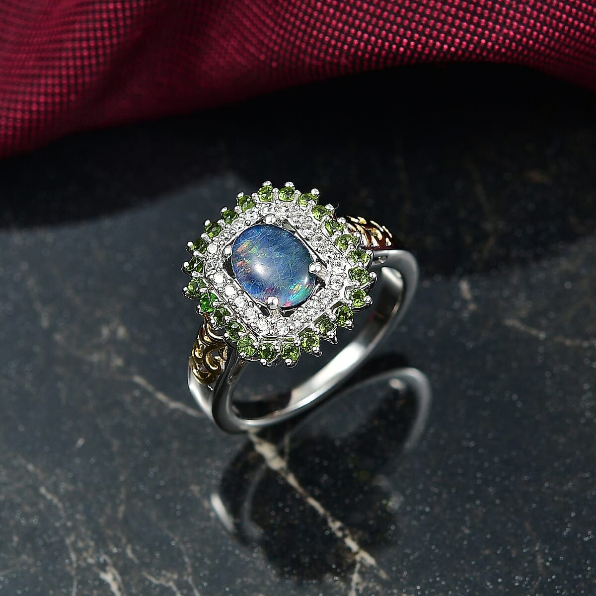 D'Joy Boulder Opal Triplet and Multi Gemstone 1.60 ctw Sunburst Ring in 18K Vermeil YG and Rhodium Over Sterling Silver (Size 7.0) image number 1