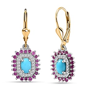 D'Joy Sleeping Beauty Turquoise and Multi Gemstone 2.00 ctw Sunburst Earrings in 18K Vermeil YG and Rhodium Over Sterling Silver