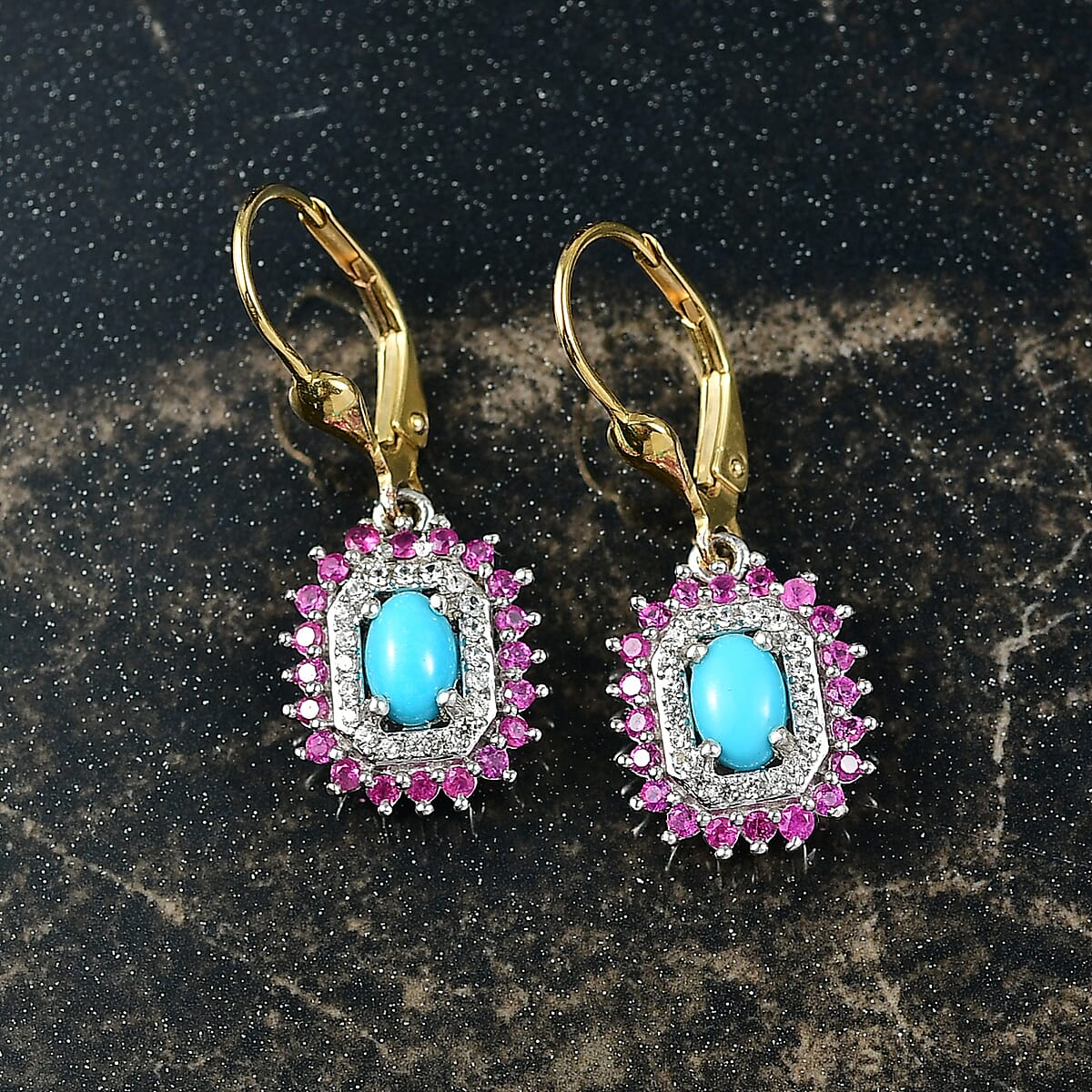 D'Joy Sleeping Beauty Turquoise and Multi Gemstone 2.00 ctw Sunburst Earrings in 18K Vermeil YG and Rhodium Over Sterling Silver image number 1