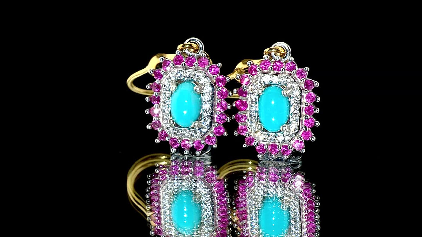 D'Joy Sleeping Beauty Turquoise and Multi Gemstone 2.00 ctw Lever Back Earrings in 18K Vermeil YG and Rhodium Over Sterling Silver