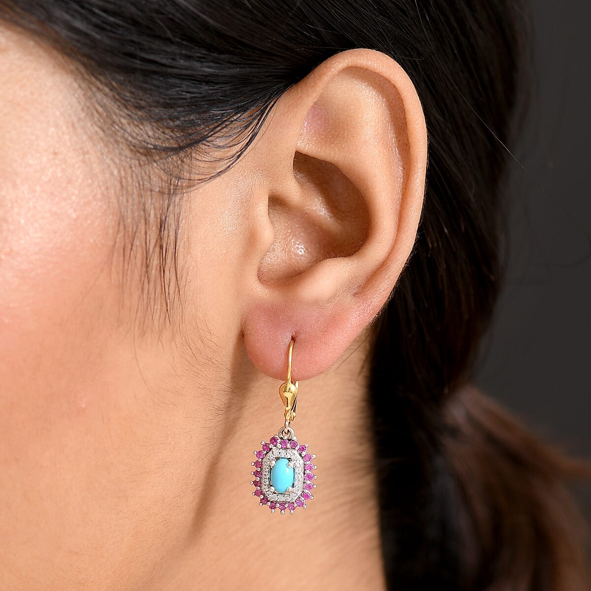 D'Joy Sleeping Beauty Turquoise and Multi Gemstone 2.00 ctw Sunburst Earrings in 18K Vermeil YG and Rhodium Over Sterling Silver image number 2