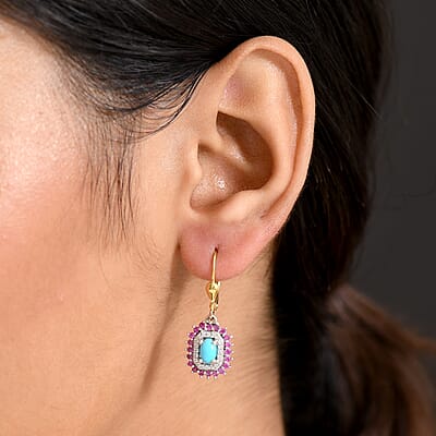 D'Joy Sleeping Beauty Turquoise and Multi Gemstone 2.00 ctw Sunburst Earrings in 18K Vermeil YG and Rhodium Over Sterling Silver