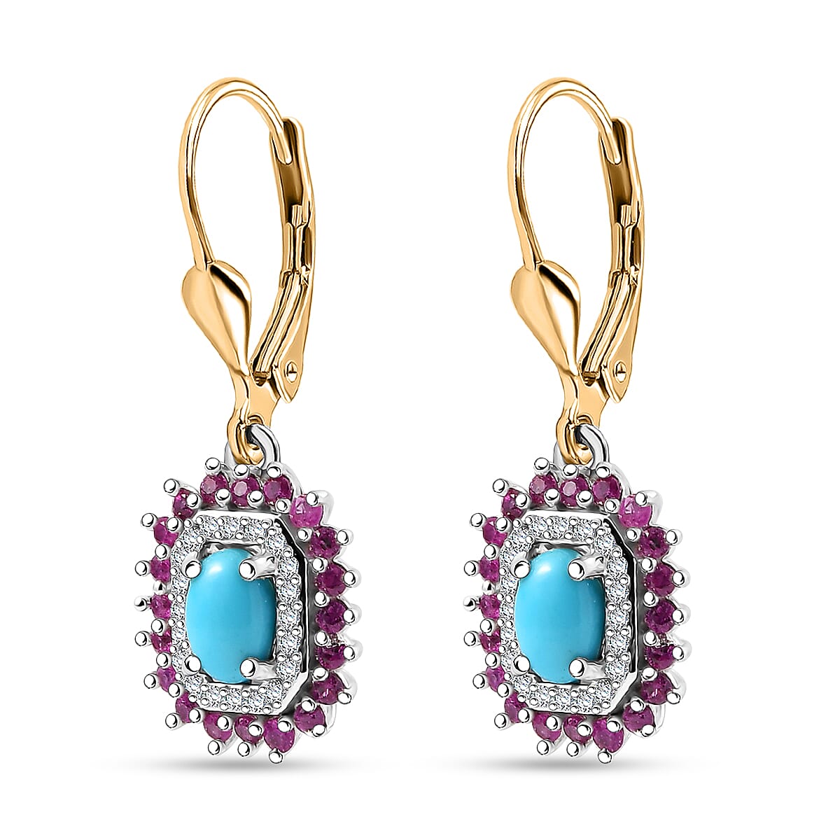 D'Joy Sleeping Beauty Turquoise and Multi Gemstone 2.00 ctw Sunburst Earrings in 18K Vermeil YG and Rhodium Over Sterling Silver image number 3