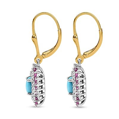 D'Joy Sleeping Beauty Turquoise and Multi Gemstone 2.00 ctw Sunburst Earrings in 18K Vermeil YG and Rhodium Over Sterling Silver