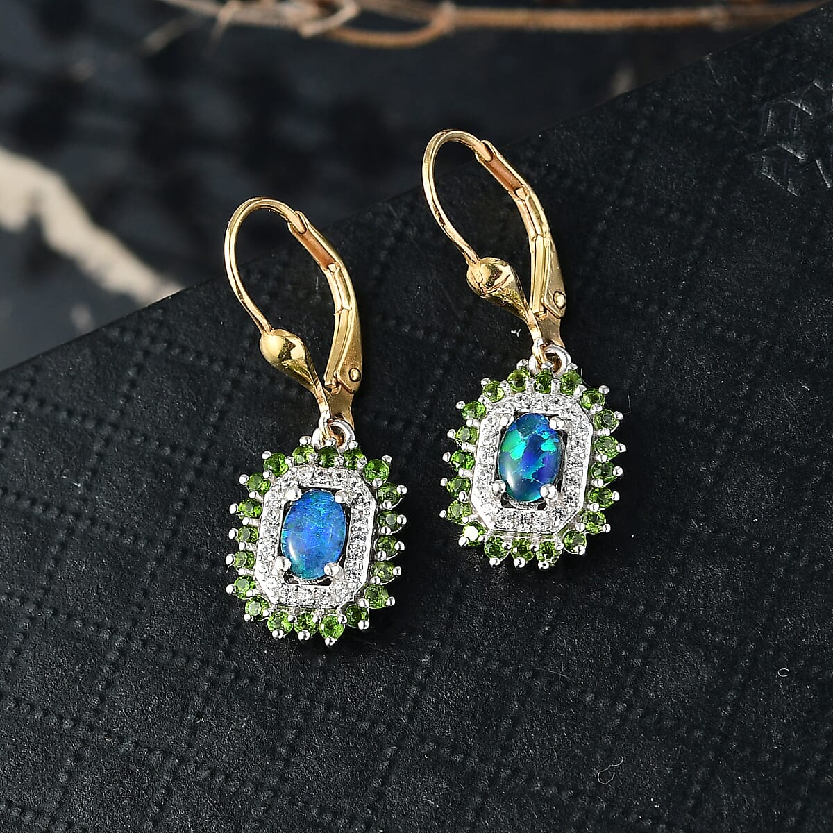 D'Joy Boulder Opal Triplet and Multi Gemstone 2.10 ctw Sunburst Lever Back Earrings in 18K Vermeil YG and Rhodium Over Sterling Silver image number 1