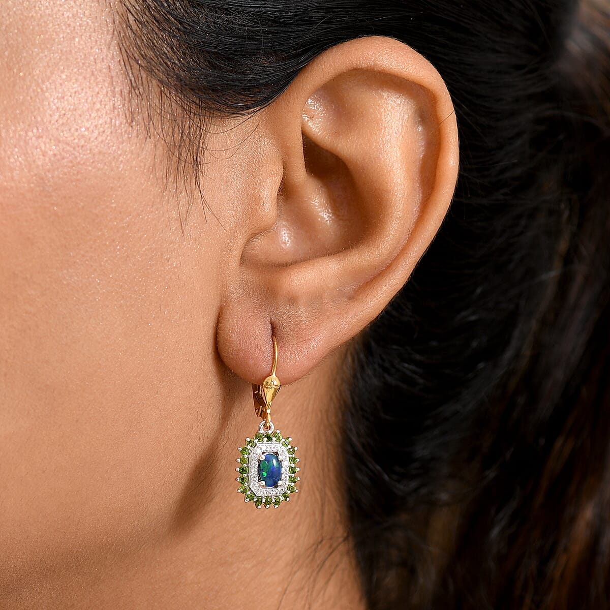 D'Joy Boulder Opal Triplet and Multi Gemstone 2.10 ctw Sunburst Lever Back Earrings in 18K Vermeil YG and Rhodium Over Sterling Silver image number 2