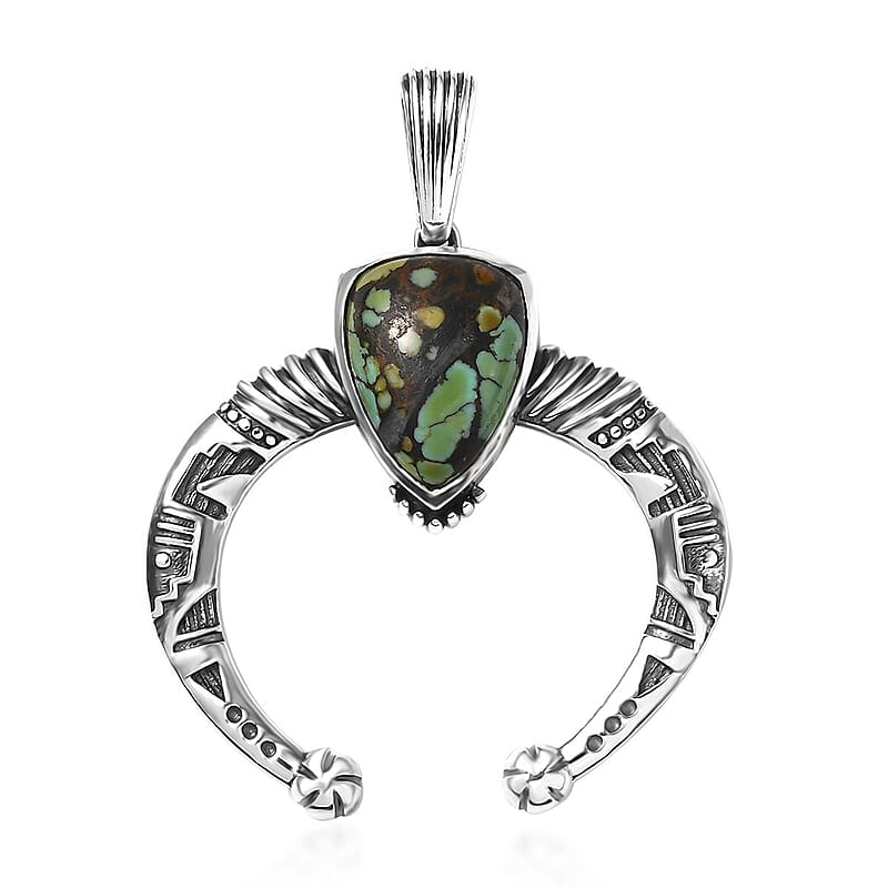 D'Joy Artisan Crafted Whispering Web Turquoise 3.70 ctw Squash Blossom Pendant without Chain in Sterling Silver