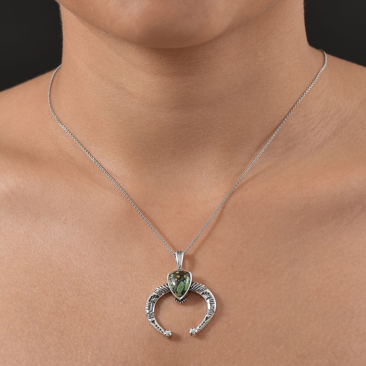 D’Joy Artisan Crafted Whispering Web Turquoise 3.70 ctw Squash Blossom Pendant in Sterling Silver image number 1
