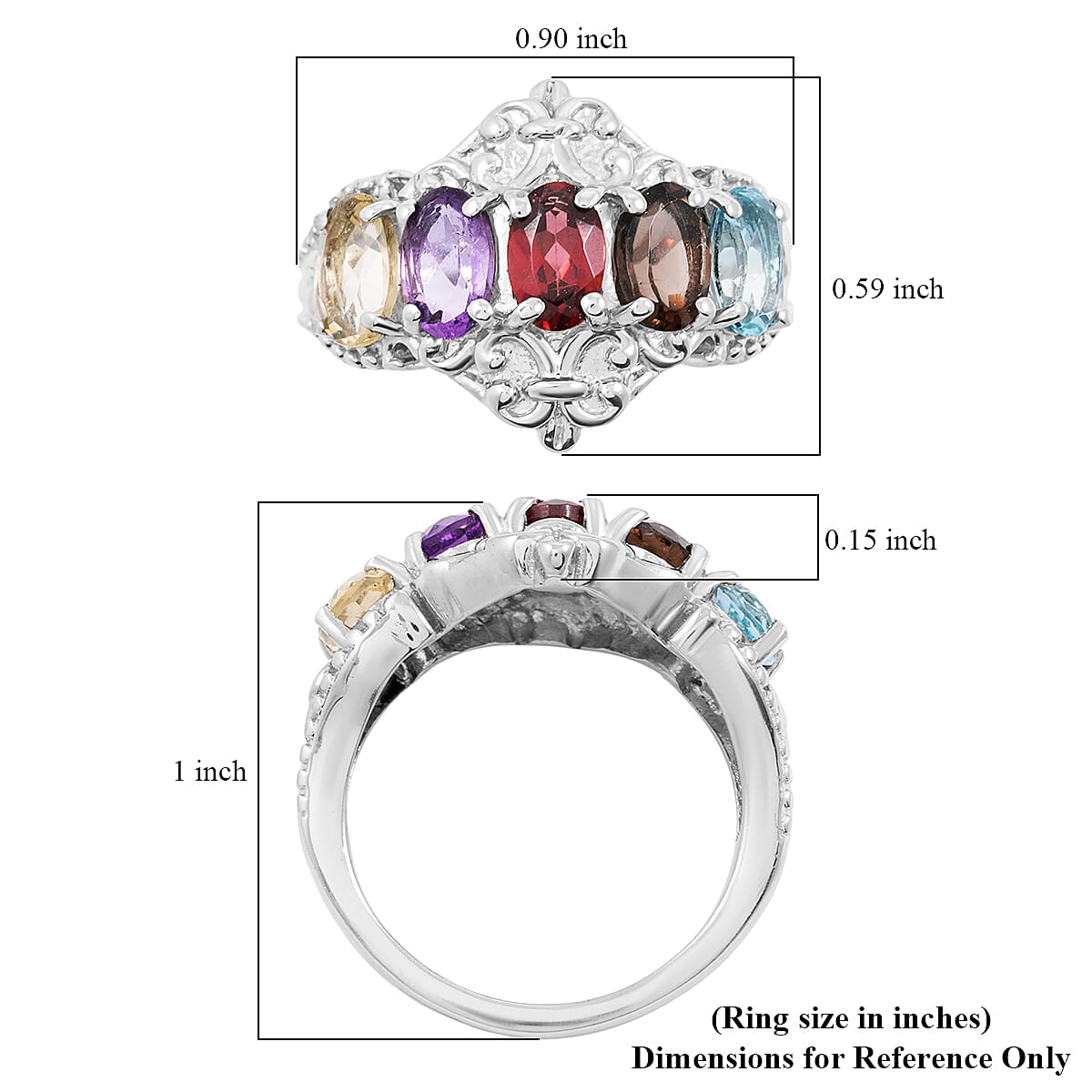 EverTrue Multi Gemstone 2.50 ctw 5 Stone Ring in Stainless Steel (Size 5.0)