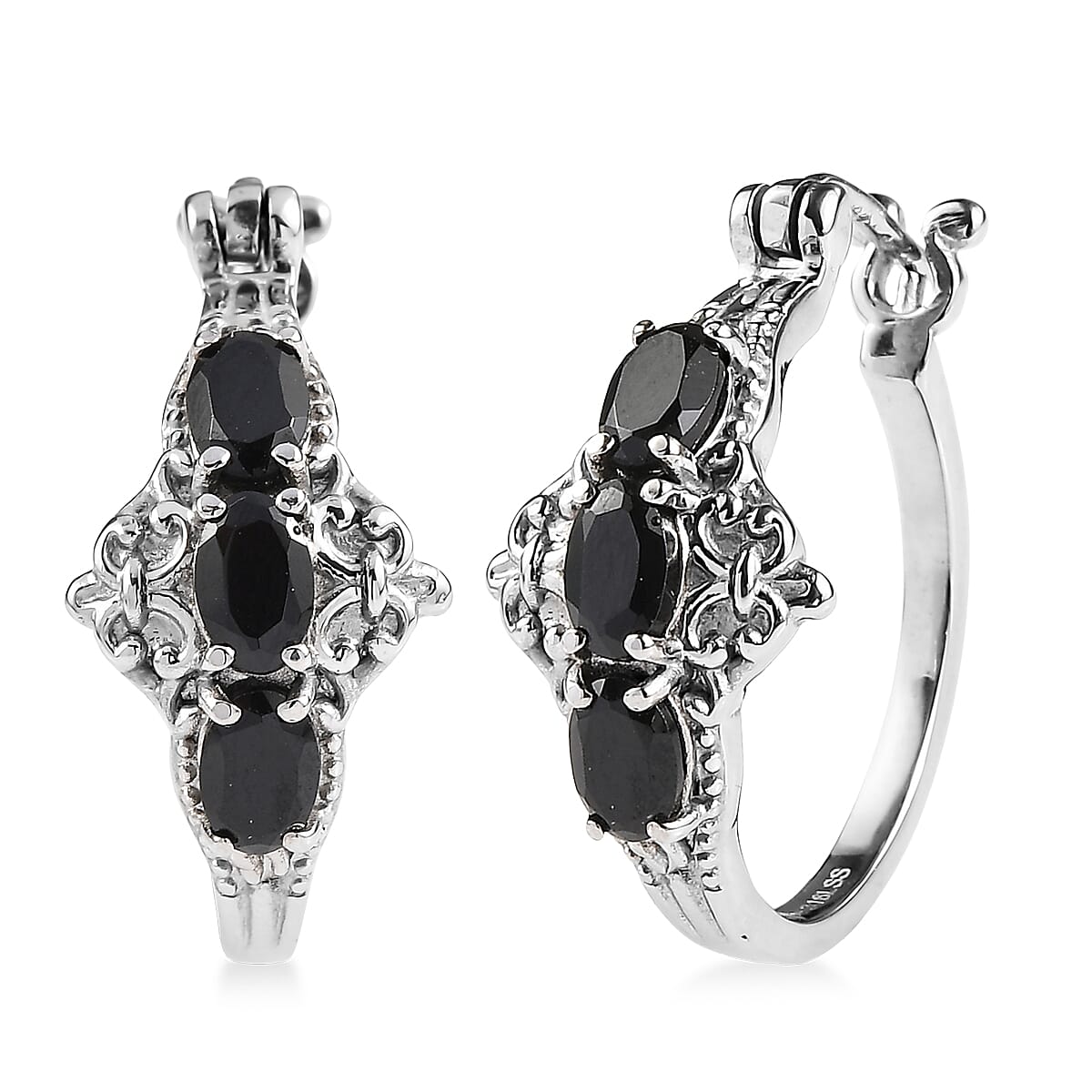 EverTrue Thai Black Spinel 3.70 ctw Hoop Earrings in Stainless Steel image number 0