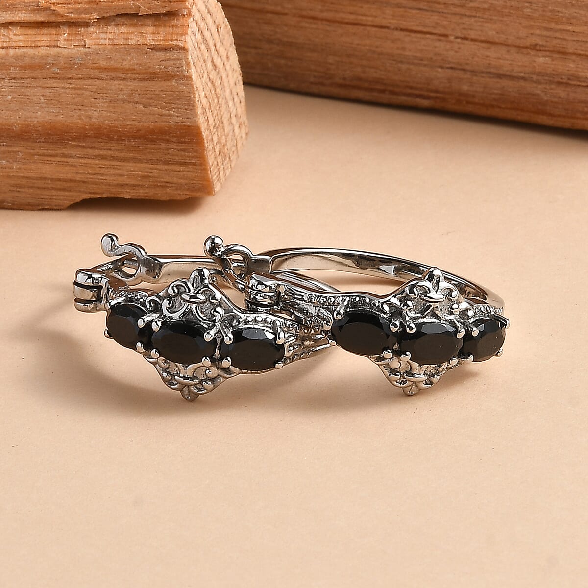 EverTrue Thai Black Spinel 3.70 ctw Hoop Earrings in Stainless Steel image number 1