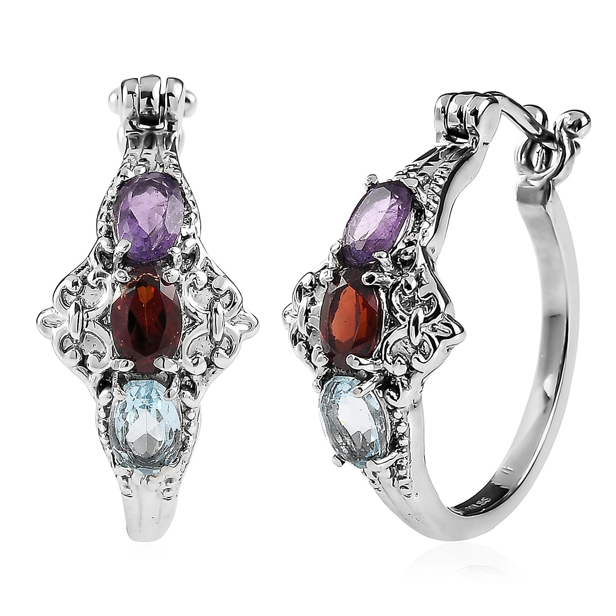 EverTrue Multi Gemstone 2.75 ctw Hoop Earrings in Stainless Steel image number 0