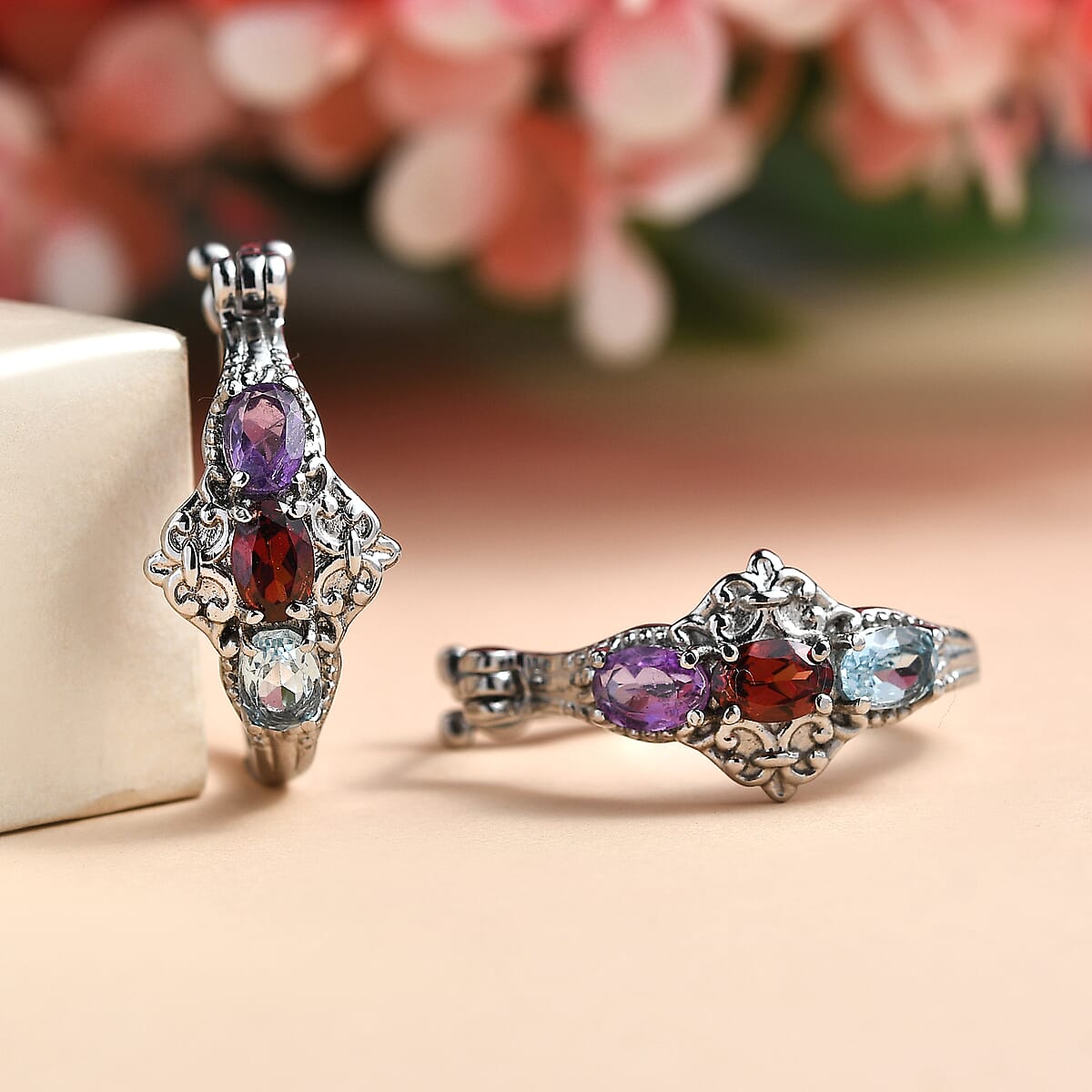 EverTrue Multi Gemstone 2.75 ctw Hoop Earrings in Stainless Steel image number 1