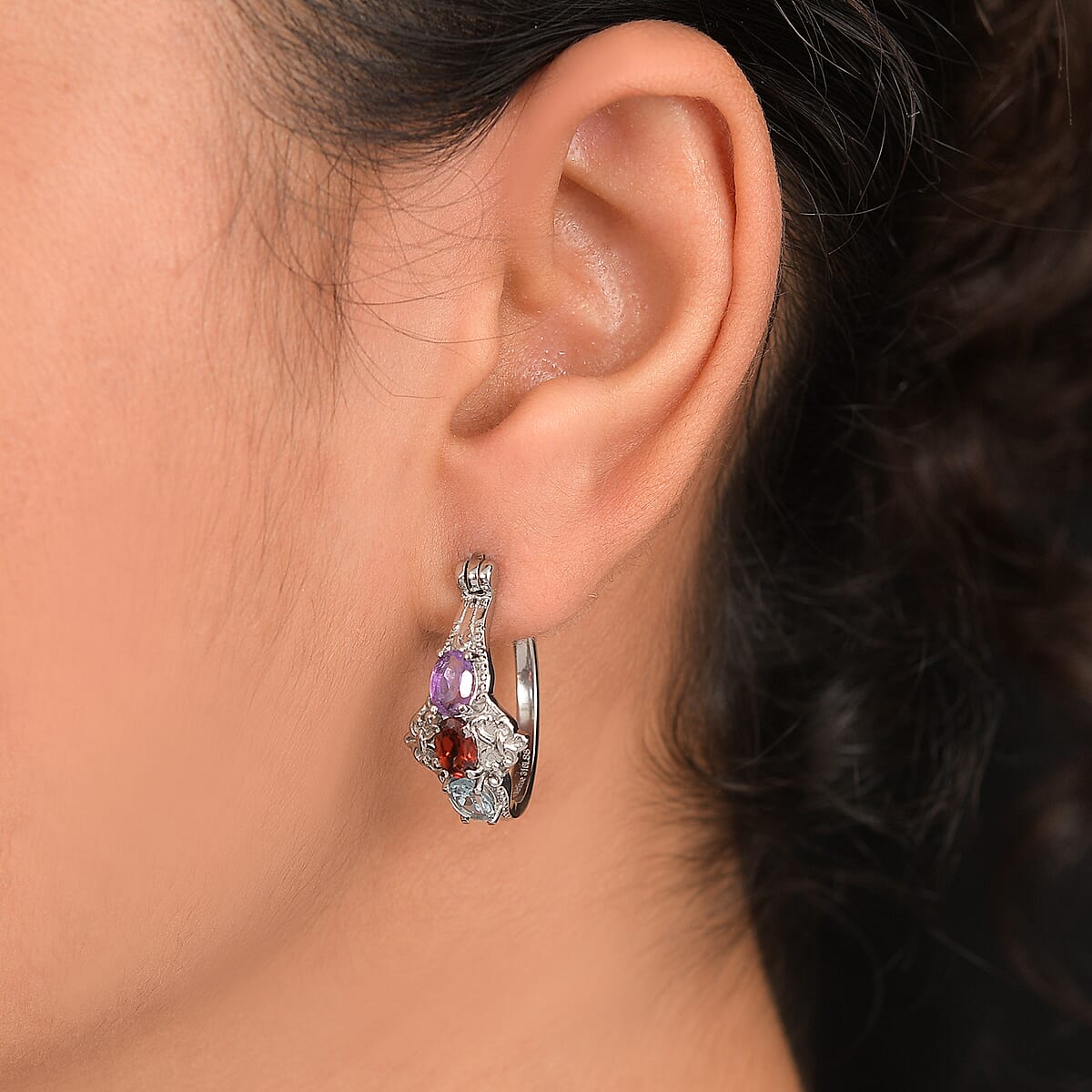 EverTrue Multi Gemstone 2.75 ctw Hoop Earrings in Stainless Steel image number 2