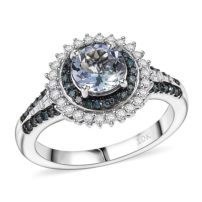 Luxoro 10K White Gold AAA Peacock Tanzanite, Venice Blue Diamond and White Diamond (I2) Sunrays Ring (Size 5.0) (4 g) 1.60 ctw