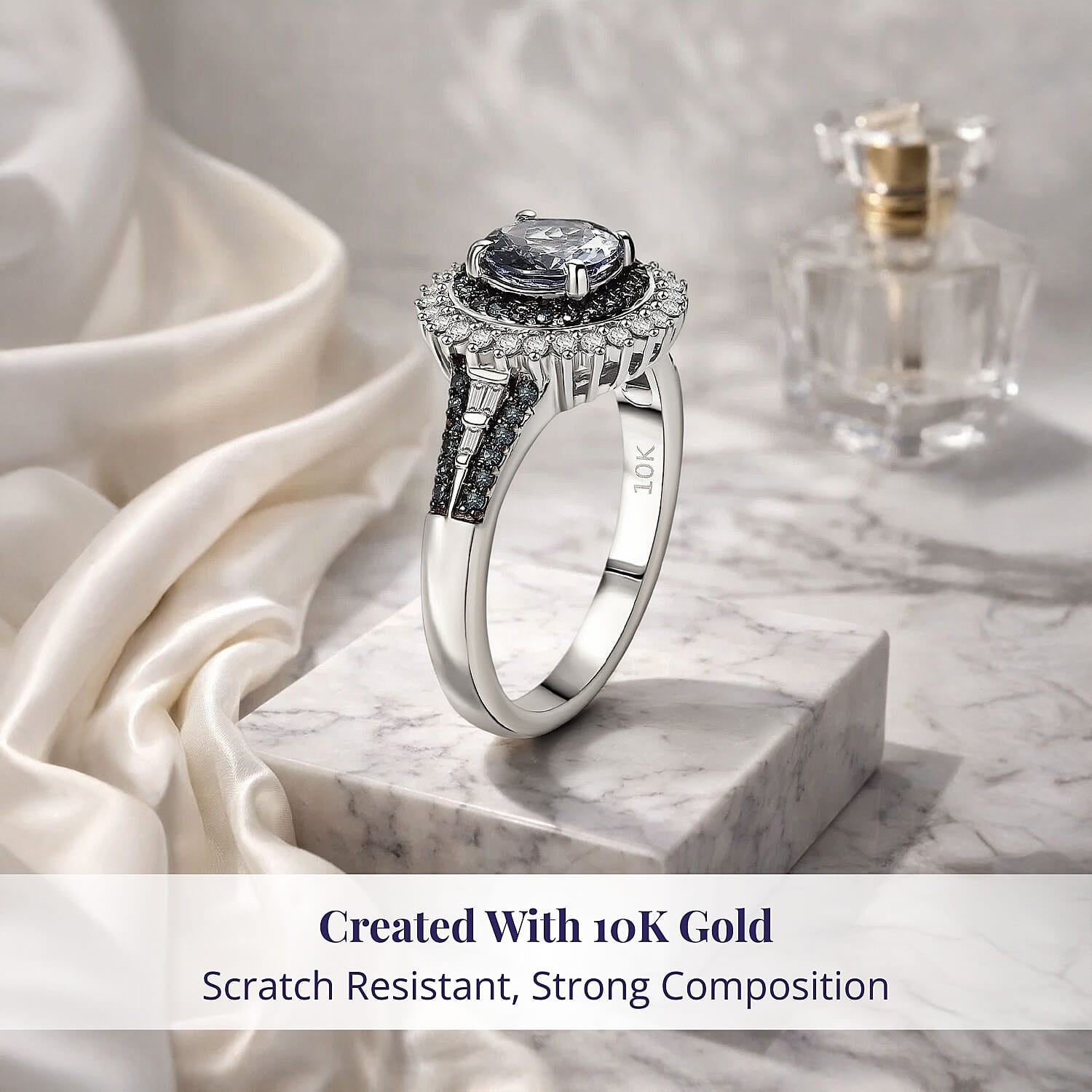 Luxoro 10K White Gold AAA Peacock Tanzanite, Venice Blue Diamond and White Diamond (I2) Sunrays Ring (Size 5.0) (4 g) 1.60 ctw