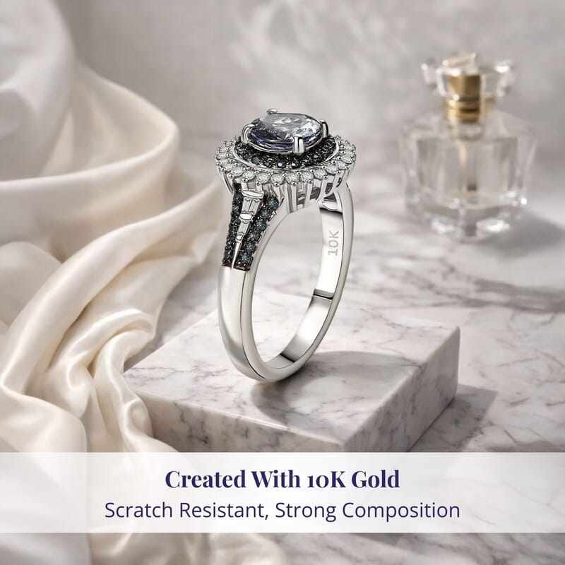 Luxoro 10K White Gold AAA Peacock Tanzanite, Venice Blue Diamond and White Diamond (I2) Sunrays Ring (Size 5.0) (4 g) 1.60 ctw