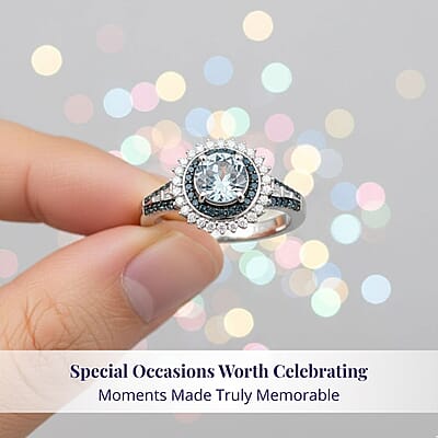 Luxoro 10K White Gold AAA Peacock Tanzanite, Venice Blue Diamond and White Diamond (I2) Sunrays Ring (Size 5.0) (4 g) 1.60 ctw