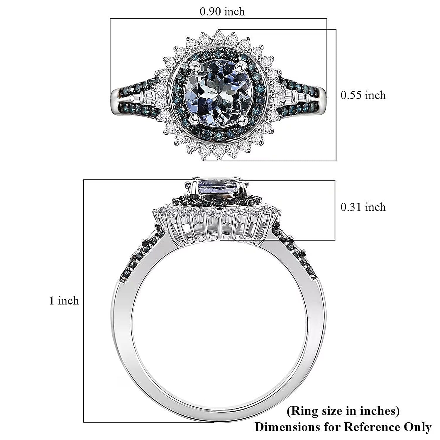 Luxoro 10K White Gold AAA Peacock Tanzanite, Venice Blue Diamond and White Diamond (I2) Sunrays Ring (Size 5.5) (4 g) 1.60 ctw