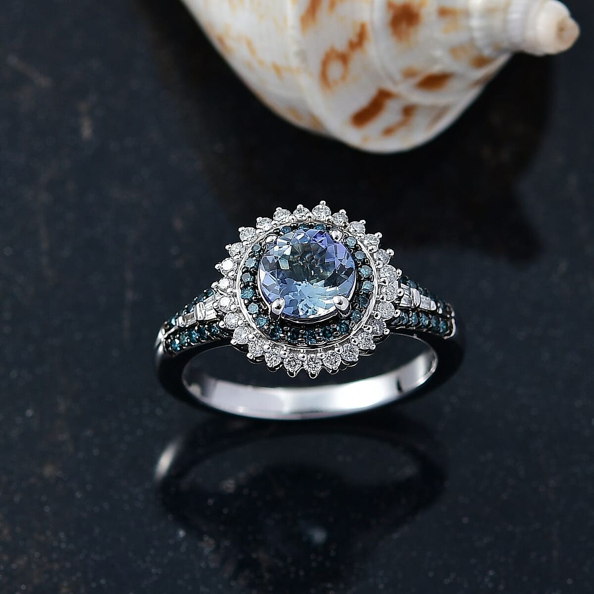 Luxoro AAA Peacock Tanzanite, Venice Blue Diamond and White Diamond I2 1.60 ctw Sunrays Ring in 10K White Gold (Size 6.0) 4 Grams image number 1