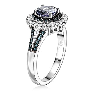 Luxoro AAA Peacock Tanzanite, Venice Blue Diamond and White Diamond I2 1.60 ctw Sunrays Ring in 10K White Gold (Size 6.0) 4 Grams