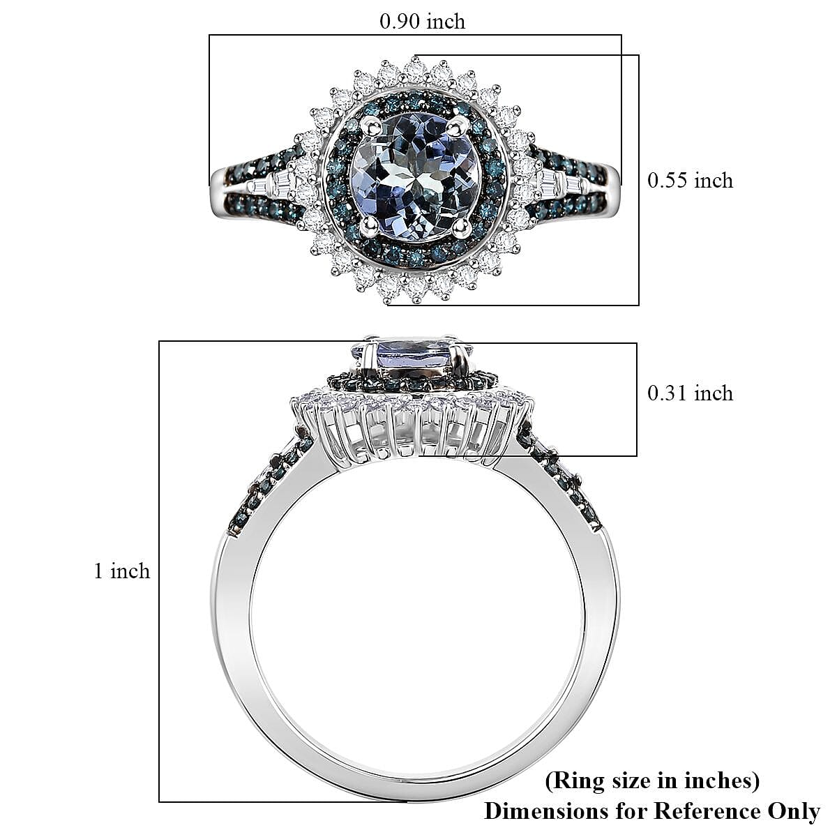 Luxoro AAA Peacock Tanzanite, Venice Blue Diamond and White Diamond I2 1.60 ctw Sunrays Ring in 10K White Gold (Size 6.0) 4 Grams image number 5