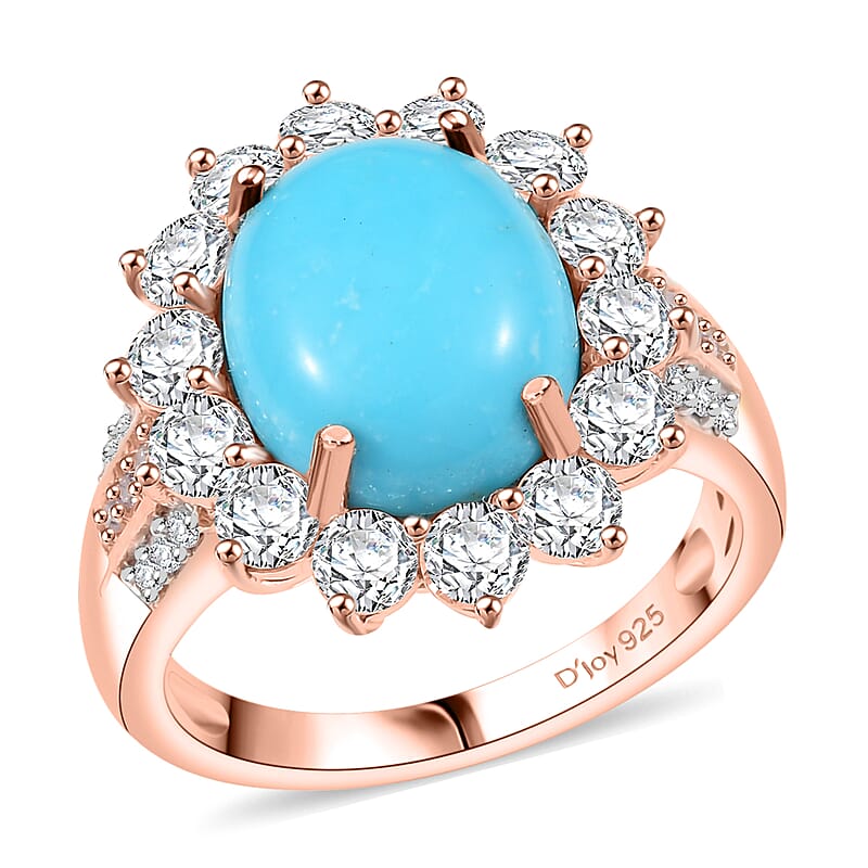 D'Joy Sleeping Beauty Turquoise, Moissanite, Natural Pink Diamond Starburst Ring in 18K Vermeil RG Over Sterling Silver 6.00 ctw (Size 10.0)