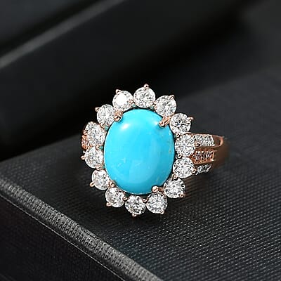 D'Joy Sleeping Beauty Turquoise, Moissanite, Natural Pink Diamond Starburst Ring in 18K Vermeil RG Over Sterling Silver 6.00 ctw (Size 10.0)
